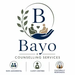 Logo for Bayo Counseling Services with a blue B in a circle, two seated figures in a hand with leaves, and the words 'Bayo' and 'Counselling Services'.